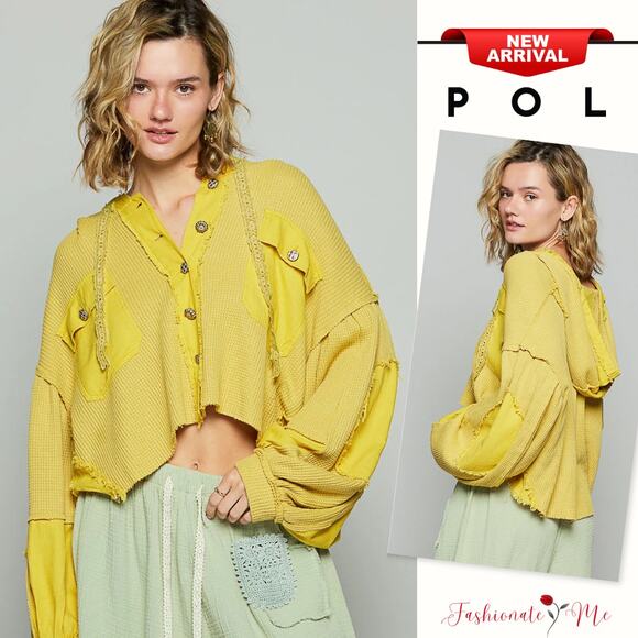 POL Raw Hem Distressed Long Sleeves Relaxed Fit Cropped Hooded Jacket | Yellow - Picture 1 of 5